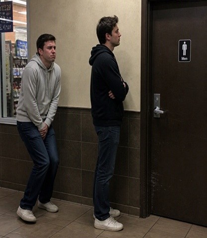 2 guys in line at a public restroom. 2nd in line needs to pee urgently. He is doing the pee pee dance.