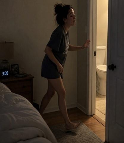 This woman is Always needing to pee at night. Can't get a gett night's sleep.