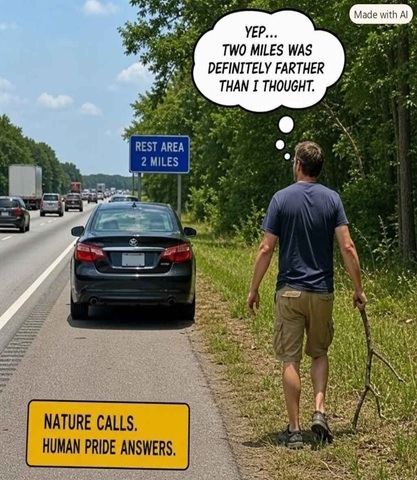 A man pulled over in the emergency lane of a busy highway. His car is in front of a sign that says Rest Area 2 Miles. He seems to be carrying a branch that he got from the woods. His Urinary urgency wouldn't wait 2 more miles.