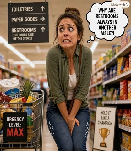 A woman is in the middle of an aisle of a grocery store. Squeezing here legs together and holding her crotch. Looking as if she has a need to pee urgently, as a sign tells her that restrooms are on the other side of the store.